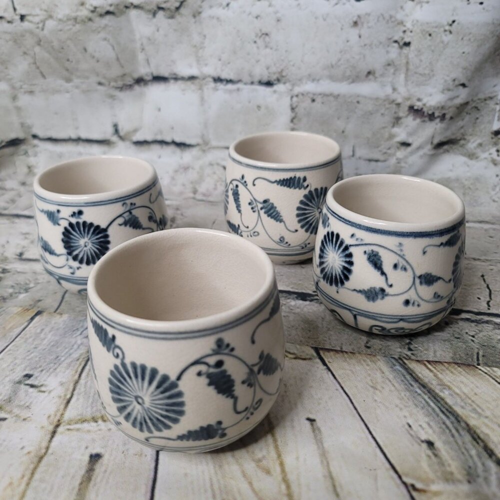 World Market 4 Blue & White Pottery Mini Cups Tea Coffee Sake Mugs Appx 3 x 2 in